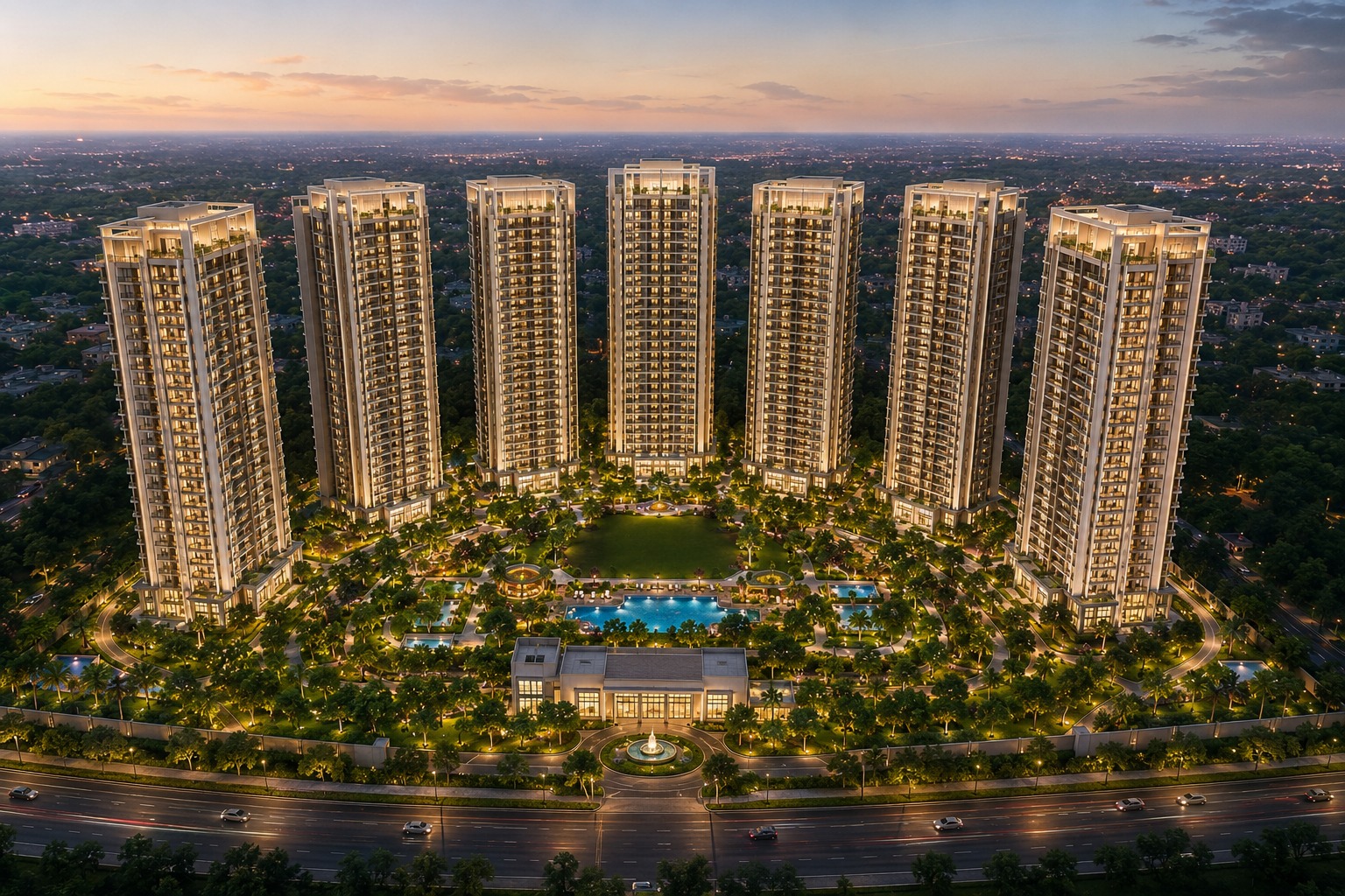 Aerial dusk view of the seven illuminated G+30 towers of DLF Magnolias 2 above landscaped gardens, pools and a lit clubhouse
